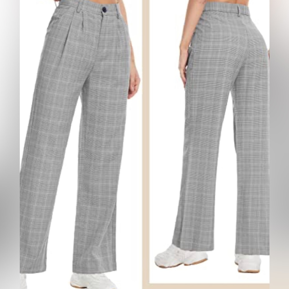 TAPATA Gray Plaid Wide Leg Trousers High Waisted Pleated WOMENS 8